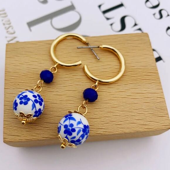 Chinoiserie Blue and White Hoop Earrings - Picture 1 of 1